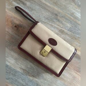 Perfect Vintage Etienne Aigner Tan Canvas & Maroon Leather Clutch Gold Hardware